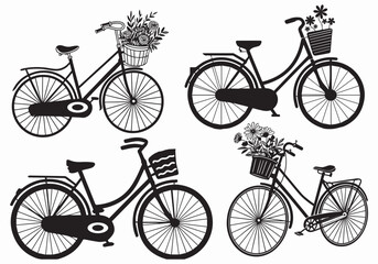 Obraz premium Floral Bicycle Silhouette Bundle | 4 Vintage Bike Clipart Vectors | EPS Bicycle with Flower Basket for Cricut & Sublimation