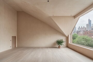 Modern, minimalist interior with city view
