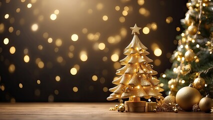 Fototapeta premium A close-up of a decorated Christmas tree branch, featuring shimmering gold ornaments and sparkling lights