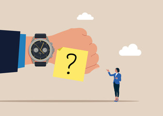 Business people  thinking and questioning a wristwatch. Sets the work deadline. Flat vector illustration.