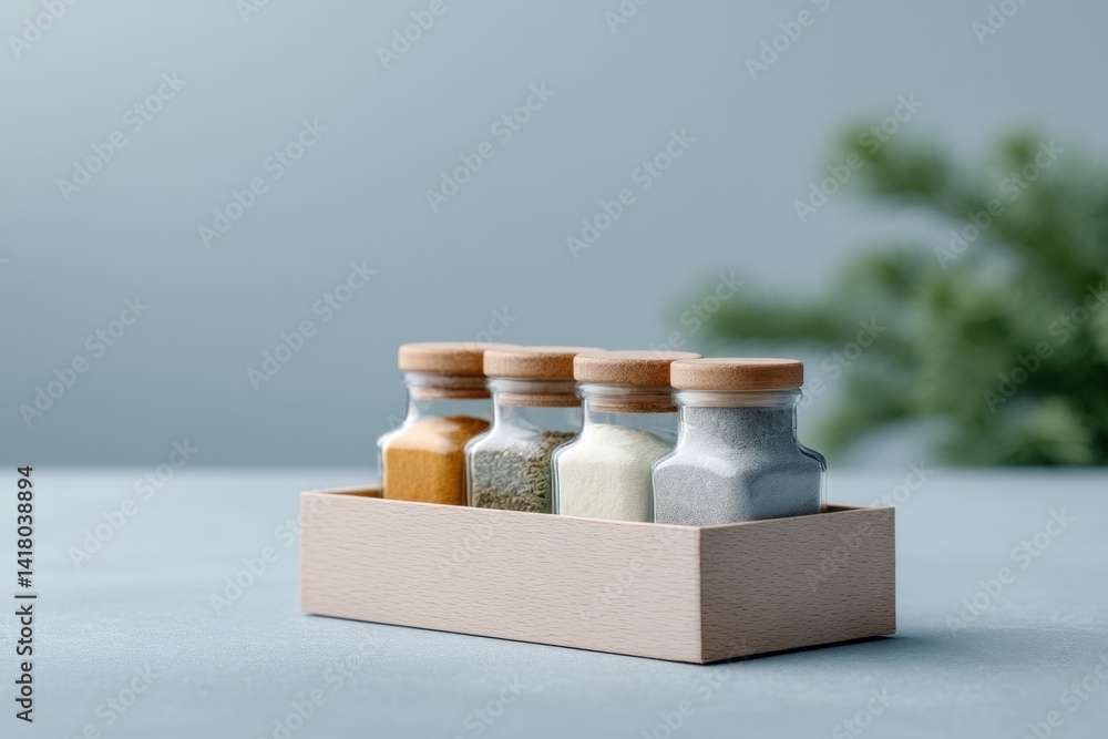 Poster minimalist photo of reusable jars with labeled spices arranged in subscription box with love