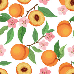 Seamless pattern with peach fruit, green leaves and white flowers, vector background