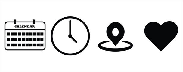 Date, Time, Address, Love icons set. vector icons illustrations. 