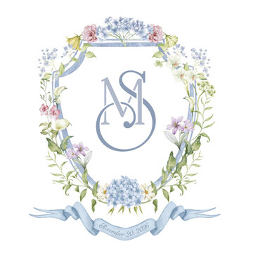 Elegant hand painted watercolor floral wedding crest with MS SM Monogram. vector illustration