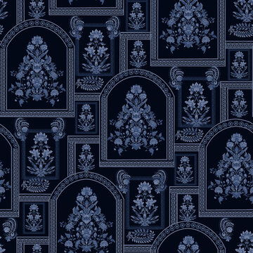 Vintage seamless pattern in Portugal style Indian pottery style . Azulejo. Majolica pottery tile, traditional Portuguese and Spain decor.Unique pattern traditional floral, wallpaper,textile prints