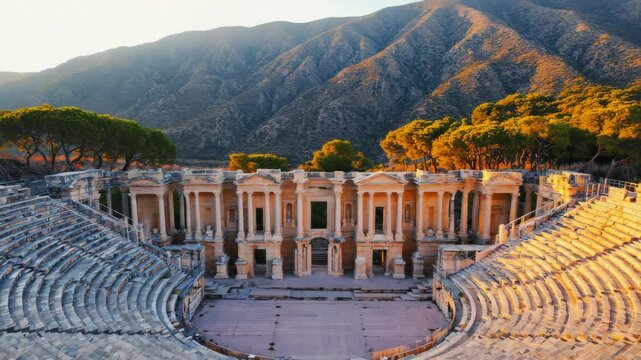Elevated view of an ancient theater ruin nestled against mountain scenery with stone seating and architectural pillars during golden hour lighting