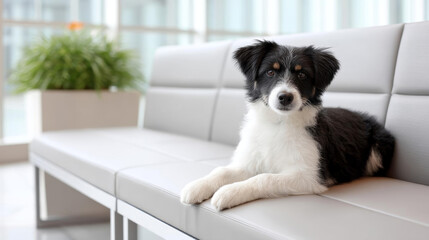 cute dog rests on modern sofa in bright, airy space, exuding calmness and charm