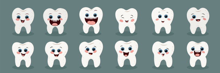 Set of doodle teeth faces. Great cute funny stickers of teeth with faces. Oral hygiene concept, kids oral care. Vector illustration