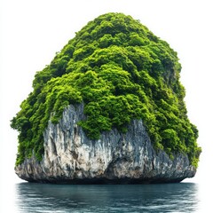 Isolated limestone island covered in lush green vegetation in calm blue water