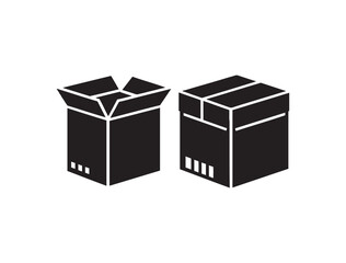 Black cardboard boxes, minimalist design, monochrome illustration, simple geometric shapes, packaging icons