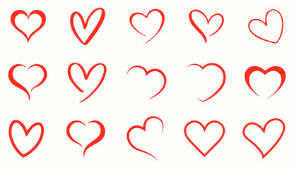 Elegant heart outline icon set. Collection of 15 heart icons in red line art style. Romantic designs, valentine’s day cards, wedding invitations, logos, stickers. Vector illustration.