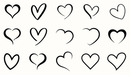 Elegant heart outline icon set. Collection of 15 heart icons in black line art style. Romantic designs, valentine’s day cards, wedding invitations, logos, stickers. Vector illustration.