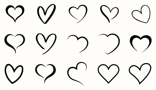 Naklejki Elegant heart outline icon set. Collection of 15 heart icons in black line art style. Romantic designs, valentine’s day cards, wedding invitations, logos, stickers. Vector illustration.