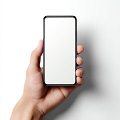 Hand holding a blank screen mobile phone isolated on white background