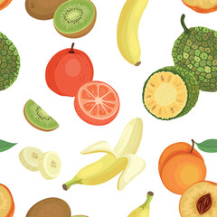 A seamless vector pattern illustration featuring a colorful mix of tropical and exotic fruits including banana, kiwi, orange, jackfruit, persimmon, and peach