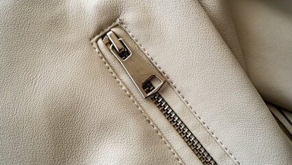 silver zipper and pocket lock on beige leather jacket