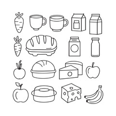 Food and drink vector icon set illustration features fruit, milk jar, coffee cup, jam, tea, breakfast cartoon, cheese, kitchen juice, bread, isolated vegetable cake, healthy beer glass