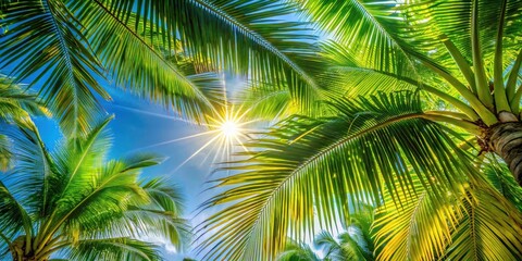 Obraz premium A vibrant summer sun shines through the delicate green leaves of a palm tree, casting dappled shadows on the surrounding foliage , leafy trees, sunny