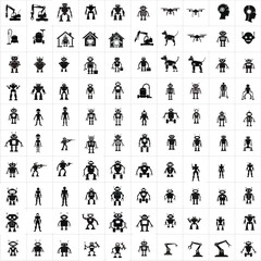Collection of Robot and Human Icon Designs: Black and White Illustrations"