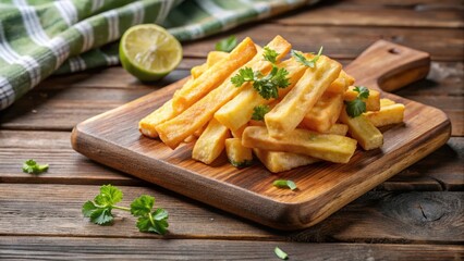 Crispy Yuca Frita on Wooden Board, latin american side dish, yuca frita