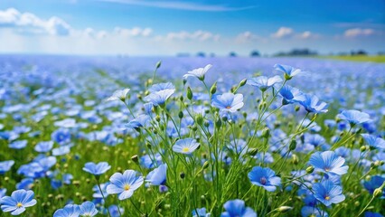 A vast field of blue flax flowers are blooming in a sunny meadow with a gentle breeze rustling their petals , blooming field, meadow