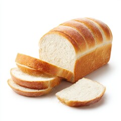Sliced loaf of white bread with golden crust isolated on white background