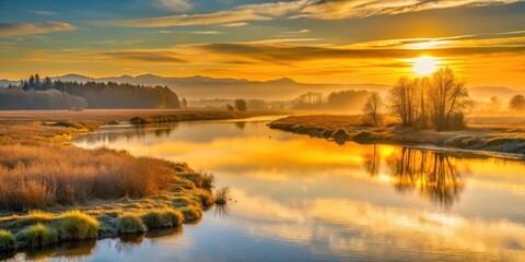Fototapeta premium Soft golden light over the Snohomish River Delta at dawn , waterway, scenic sunrise, waterway
