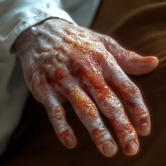 Fototapeta premium hands in hospital bed, sore hands, burnt hands or blistered hands