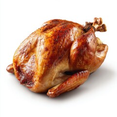 Roasted whole chicken with crispy skin isolated on white background