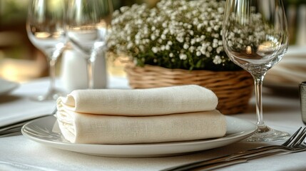 Folded napkins on a plate at a fine dining restaurant table setting with flowers.