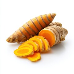 Turmeric root with slices isolated on white background