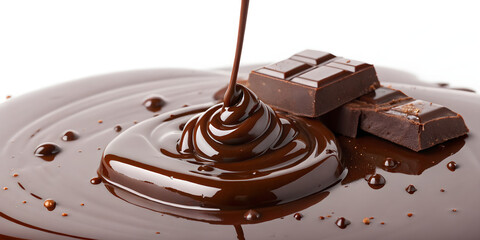 Swirl of Melted Dark Chocolate with Chocolate Bar on White Background – Rich Cocoa Dessert Concept