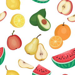 A seamless vector pattern illustration featuring a variety of colorful fruits including lemon, avocado, pear, apple, watermelon, orange, and loquat