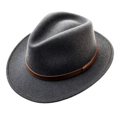 Stylish Gray Felt Fedora Hat with Brown Leather Band Isolated on Transparent Background