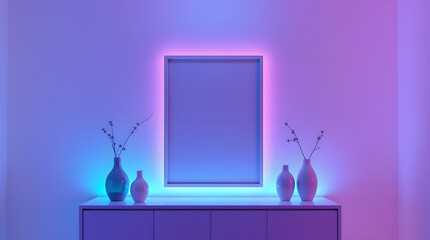 Modern minimalist interior. On the wall is a rectangular frame with spectacular backlighting in a gradient of blue and pink