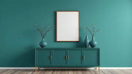 Minimalistic interior with a turquoise wall and a chest of drawers in the same tone. On the chest of drawers are three turquoise vases with branches of white buds. Above the chest of drawers is a wood