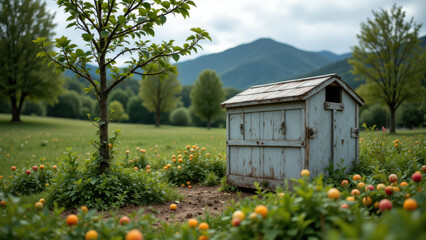 A rustic wooden outbuilding surrounded by a lush garden with fruit trees and wildflowers under a blue sky.