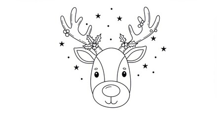 Adorable reindeer head with festive holly and berries decoration in black and white line art, surrounded by stars