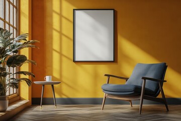 Interior with blank frame chair plant sunlight on wall creating shadows.