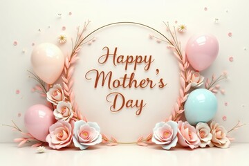Happy Mother's Day with Floral Decorations and Colorful Balloons  