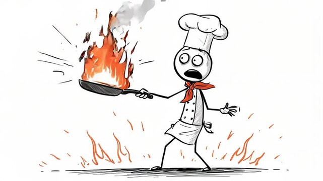 Cartoon Chef's Kitchen Calamity: Frying Pan Fire, Comic Mishap.