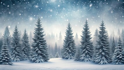 Naklejka premium Snowy evergreen forest with bare trees standing against a grey sky and a few snowflakes gently falling in the air , snowy forest, bare trees