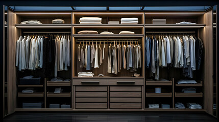 Obraz premium Modern Wooden Closet With Organized Clothes