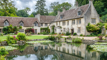Fototapeta premium Picturesque English Countryside Village With Stone Houses And Pond