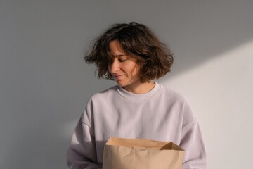 portrait of woman unboxing set of artisan teas and hand-signed letter from sender