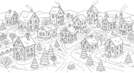 Fototapeta premium Charming Village Scene with Snow Covered Houses and Winding Roads in Winter