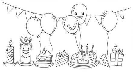 Cheerful birthday celebration with cute balloons, cake slices, candles and festive decorations