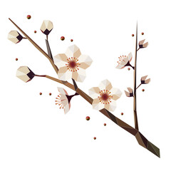 Geometrisch gestalteter Pflaumenbl&uuml;tenzweig mit cremefarbenen Bl&uuml;ten und Knospen auf transparentem Hintergrund. Polygonale Bl&uuml;tenillustration mit stilisiertem, modernen Zweigdesign.