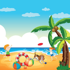 Vector illustration. On Summer Vacation sea, palm trees landscape with sand flat design