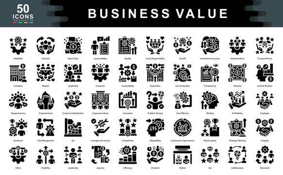 The Business Value black icon set defines key drivers of success such as leadership, responsibility, and performance, ideal for strategic planning, stakeholder engagement, and brand identity.